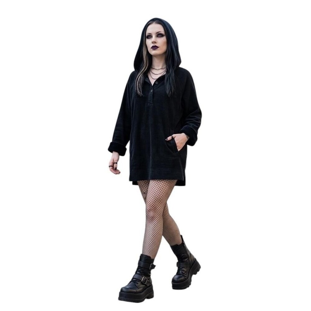 J. Jill Tunic Shirt Women's Medium Black Corduroy Hooded Henley Gothic Pullover